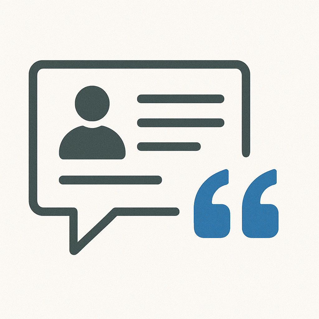 Flat-style illustration of a testimonial speech bubble with user icon and quotation marks, symbolizing customer feedback