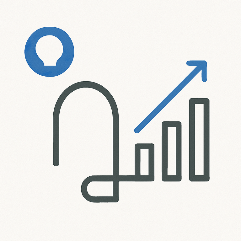 Abstract illustration of business growth and innovation with a blue lightbulb icon and upward graph in grayscale and blue tones