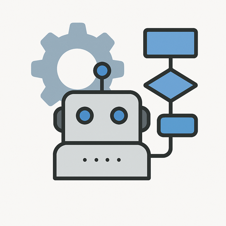 Illustration of a robot with gear and flowchart representing AI automation and workflow integration in grayscale with blue accents
