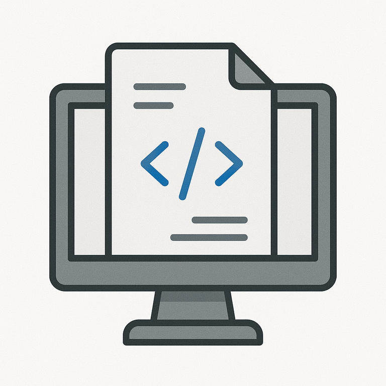 Flat-style illustration of a computer screen displaying code symbols, representing custom software development in grayscale with blue highlights