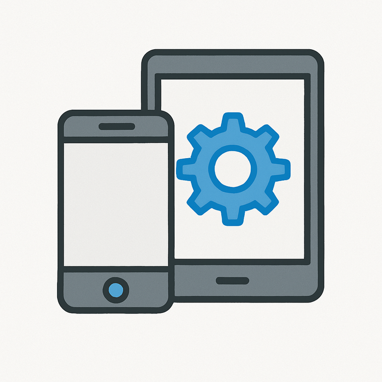 Flat-style illustration of a smartphone and tablet representing web and mobile app development, with minimalist design and blue-gray color accents.